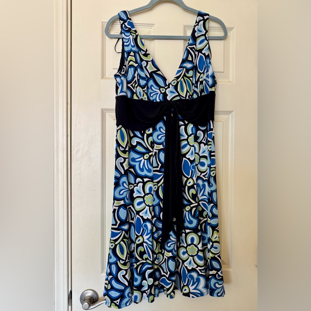 Connected Apparel Blue and Green Floral Midi Dress